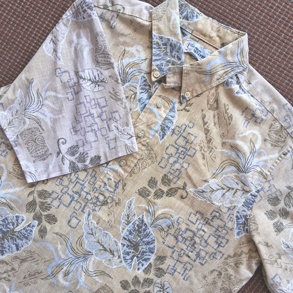 VTG Reyn Spooner Pullover Shirt Men Med/Lg Reverse Hawaiian Tiki Tan Retro Surf